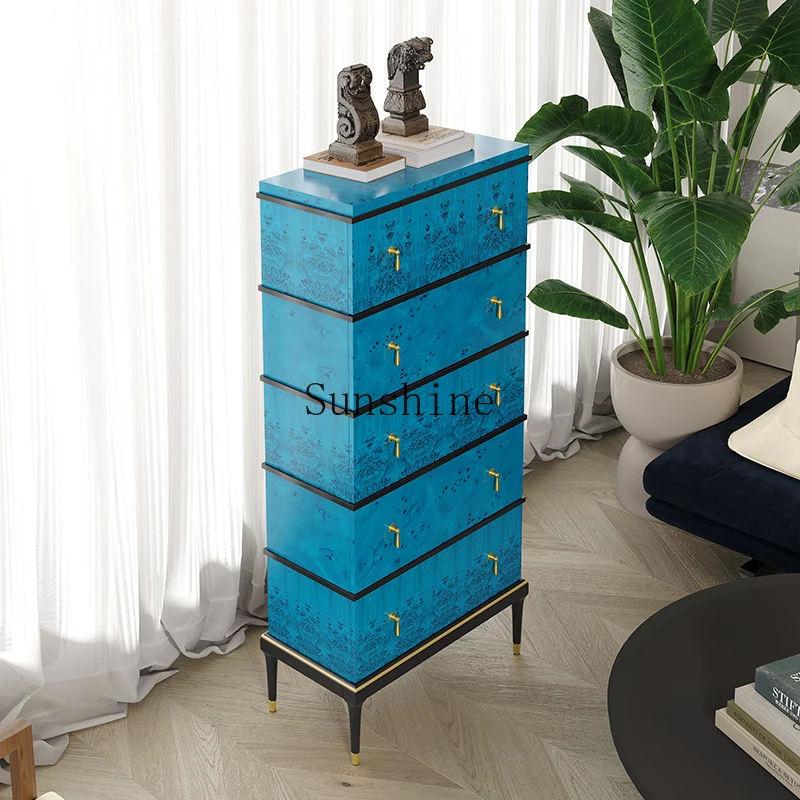 

Italian light luxury bedroom storage cabinet high sense peacock blue solid wood art drawer type high vertical cabinet