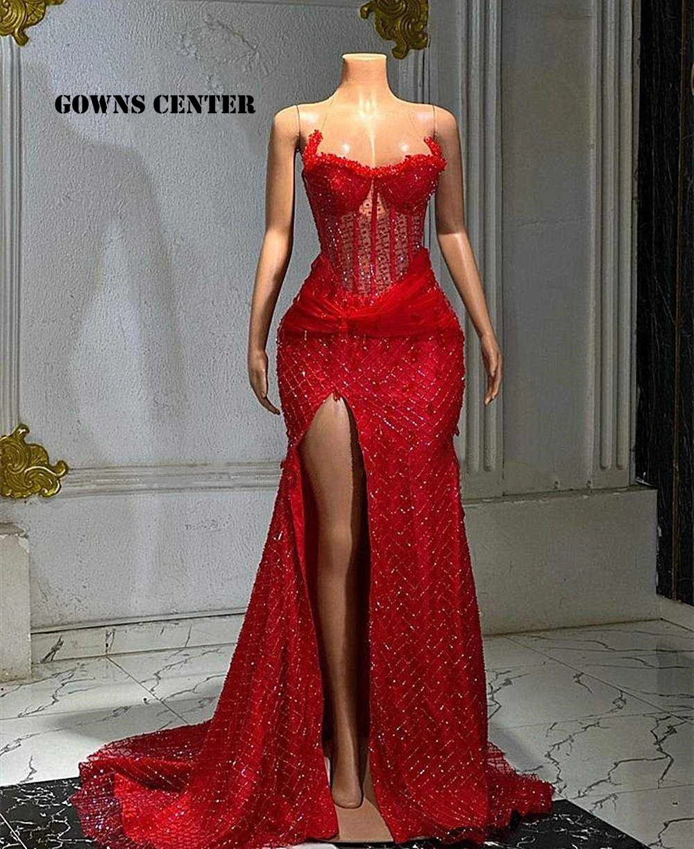 

Exquisite Red Mermaid Aso Ebi Evening Dresses Beaded Halter African Wedding Party Gowns Split robes de soirée Customized