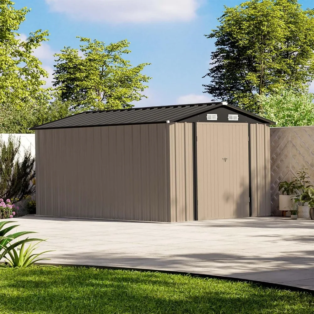 12 x 8 FT Outdoor Storage Shed, Steel Shed Storage House Design of Lockable Doors, Utility and Tool Storage for Garden, Patio