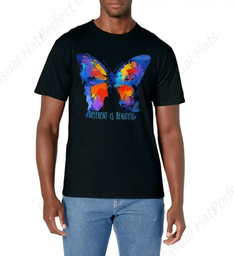 Colorful Butterfly Different Is Beautiful Printed Basic T-Shirt  Men Woman Artistic pursuit Cotton High Quality Tees Tops   ?