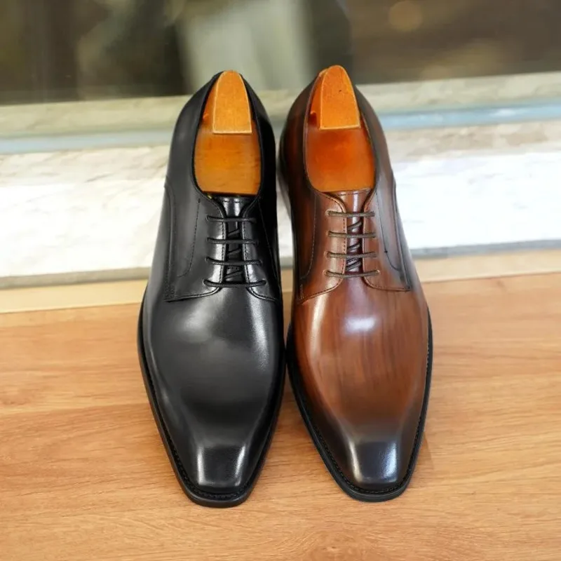 High Quality Men Dress Shoes Business Casual Shoes Distressed Wood Grain Square Toe Leather Derby Shoes Office Formal Dress Shoe