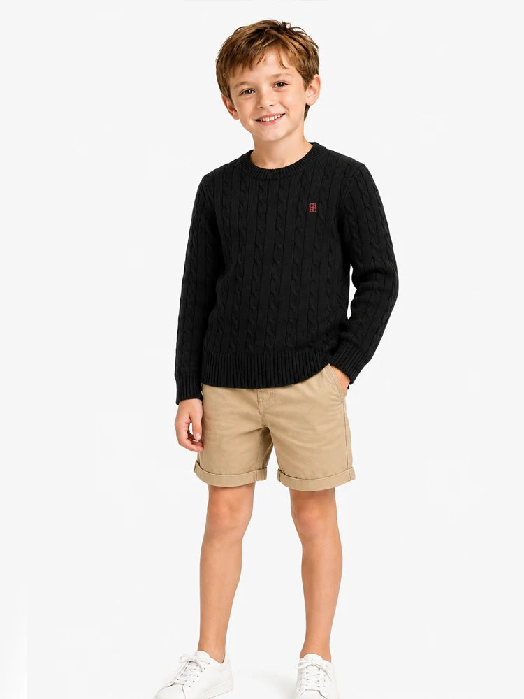CH Jungen Pullover mit Rundhalsausschnitt, Zopfmuster, gerippten Bündchen und Saum, Bruststickerei, lässige Kinder-Strickoberteile – Detail 5