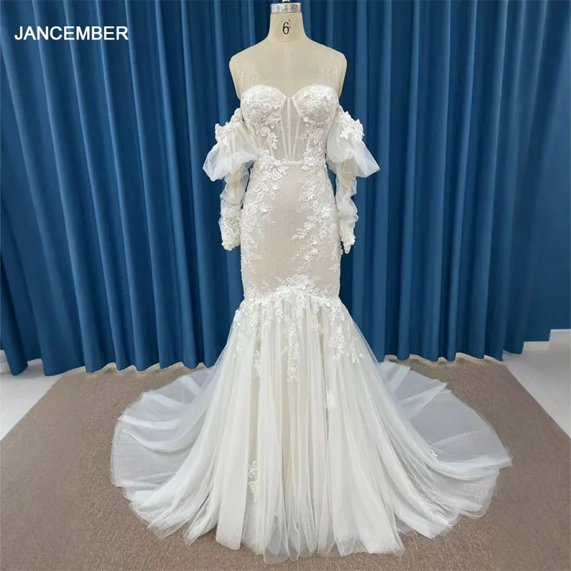 Jancember Ivory Mermaid Wedding Dresses Off Shoulder 3D Flowers Backless Bride Dress Lace Wedding Gowns vestido de novia