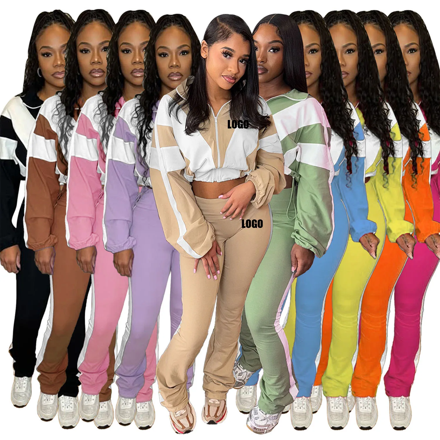 

Женские брюки с длинными рукавами и пряжкой на талии с логотипом на заказ, контрастные цвета, комплект из двух предметов для спорта и отдыха