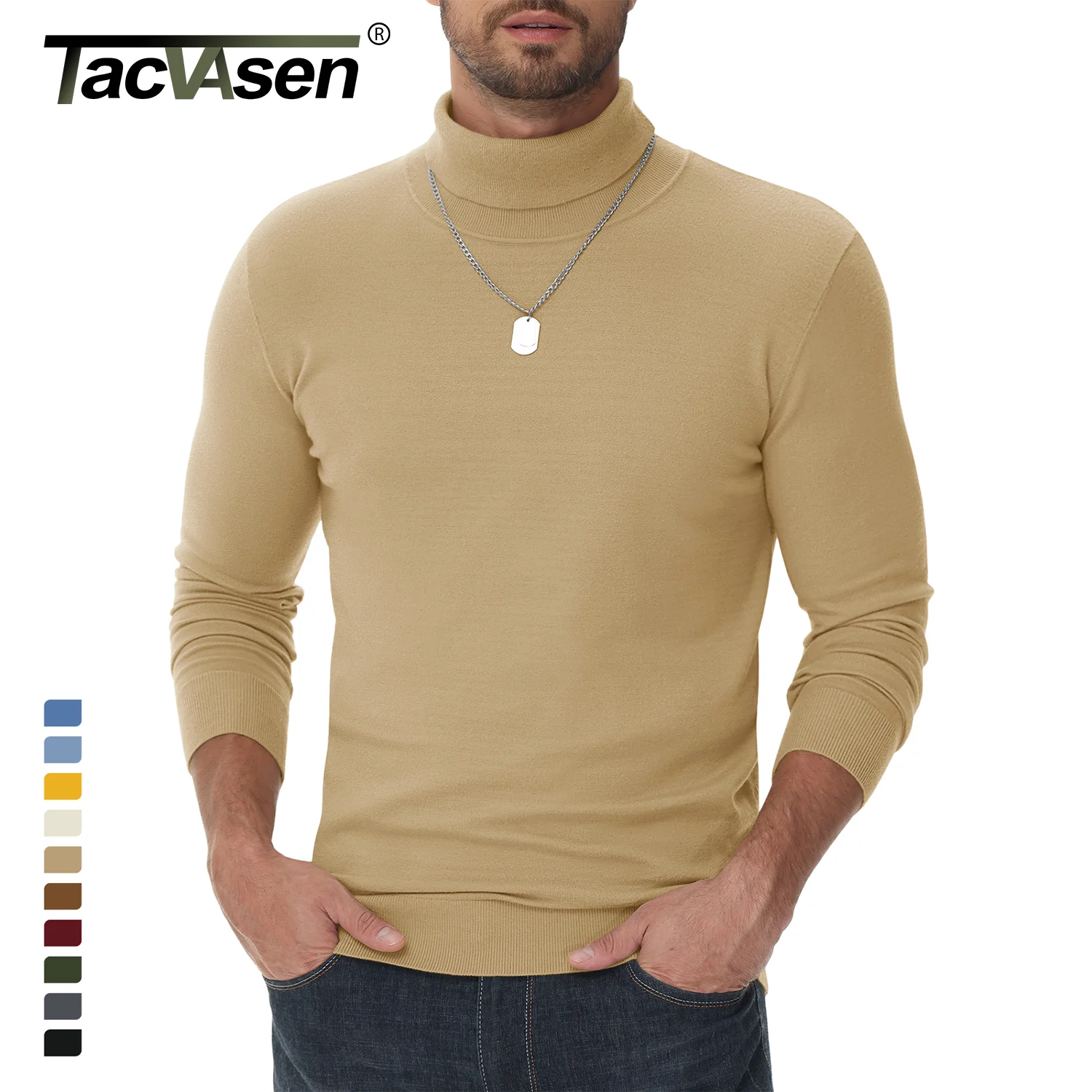 TACVASEN Autumn Winter Turtleneck Sweater Mens High Neck Warm Knitted Sweaters Slim Fit Casual Long Sleeve Pullover Tops Male