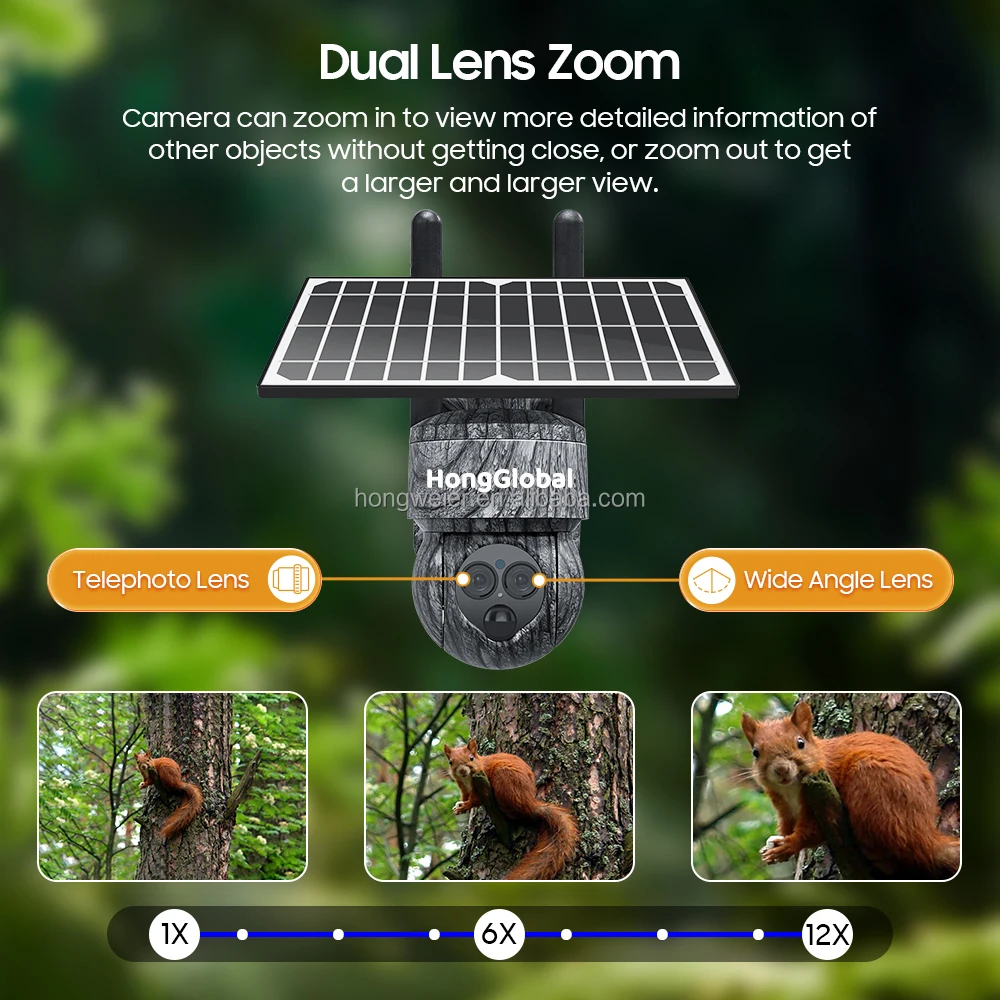 HongGlobal 6MP Camouflage Dual Lens Wireless Solar PTZ Surveil Camera Ubox 12X Zoom 4G Sim Card WiFi Security Solar CCTV Camera