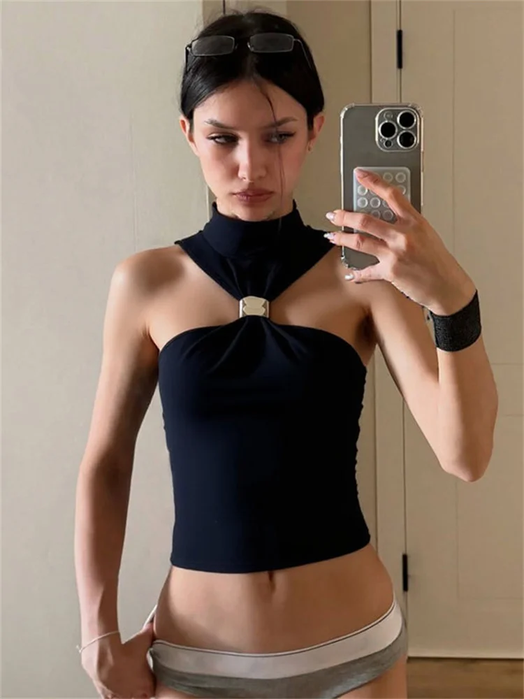 

Летний женский укороченный топ-халтер Y2K с металлическим эффектом, вырезами и вставками, облегающий, однотонный, без рукавов