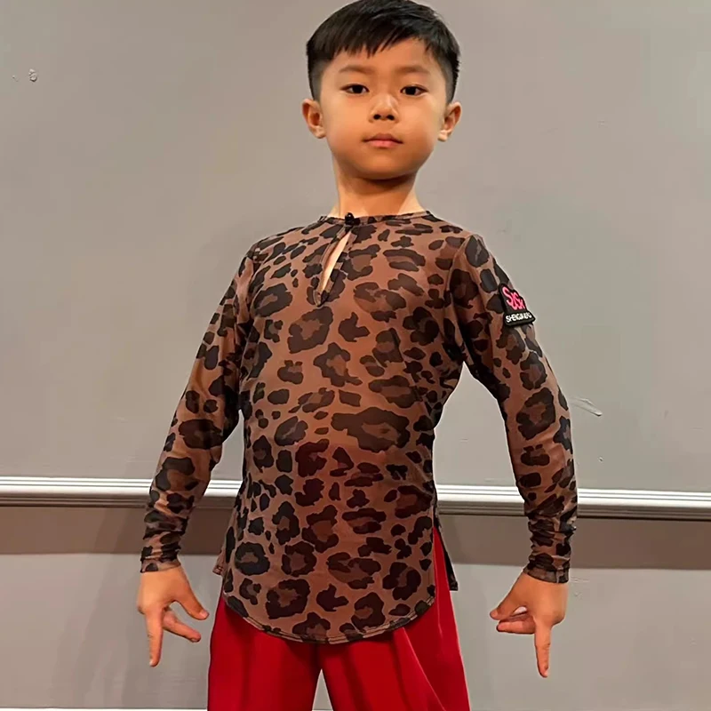Danskleding Training Oefenkleding Nieuwe Jongens Latin Dance Tops Mesh Lange Mouwen Luipaard T-shirt Kids Cha Cha Rumba