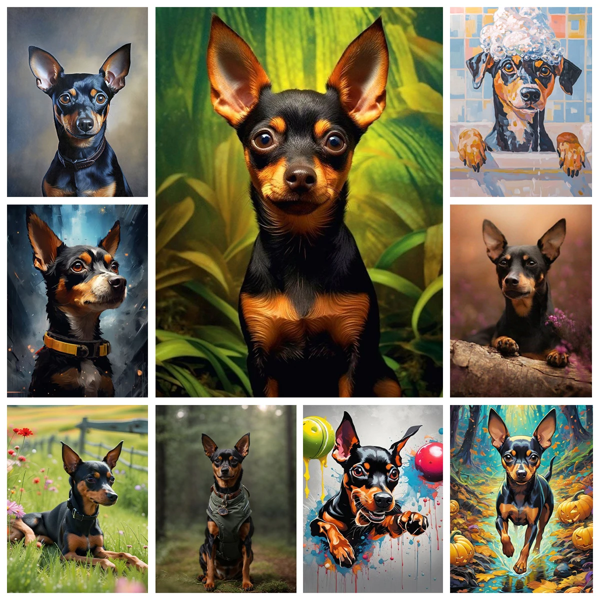 Pintura de diamante Pinscher en miniatura, retrato artístico de cachorro bonito, bordado de diamantes artesanal, pintura al óleo de mosaico, decoración del hogar