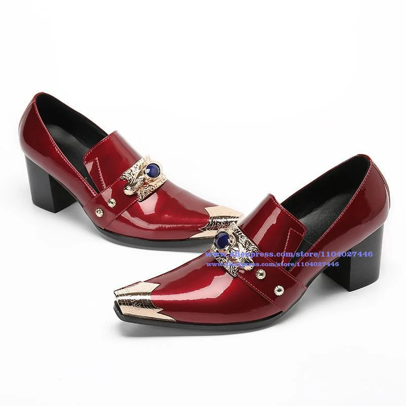 

Metallic Iron Toe Shoes for Men Red Patent Leather Black Leather Party Office Shoes Large size Slip-on Luxury Handmade Men Shoes