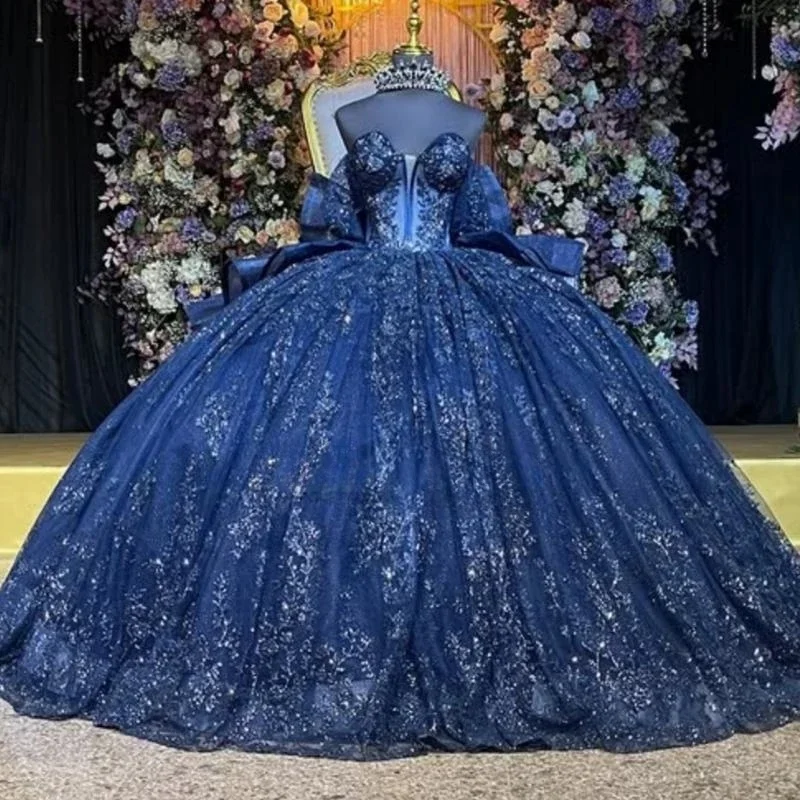 Abiti Quinceanera blu navy personalizzati con spalle scoperte Applique con fiocco Abito da ballo con lacci Tull Party Compleanno Sweet 16 Abiti 15