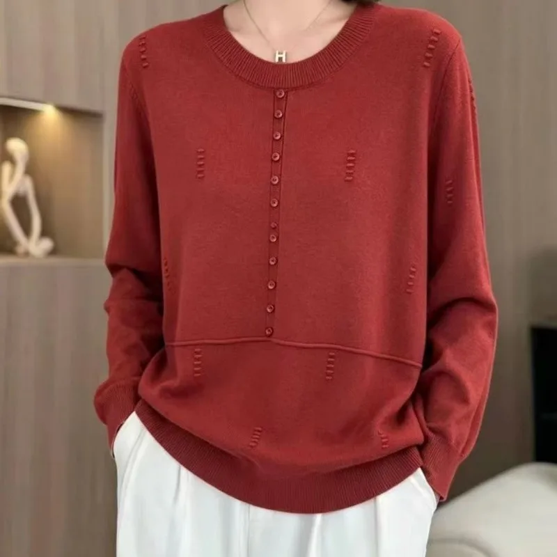 Women Round Neck Knit Sweater Decorative Buttons Hollow Detail Long Sleeve Loose Ladies Pullover