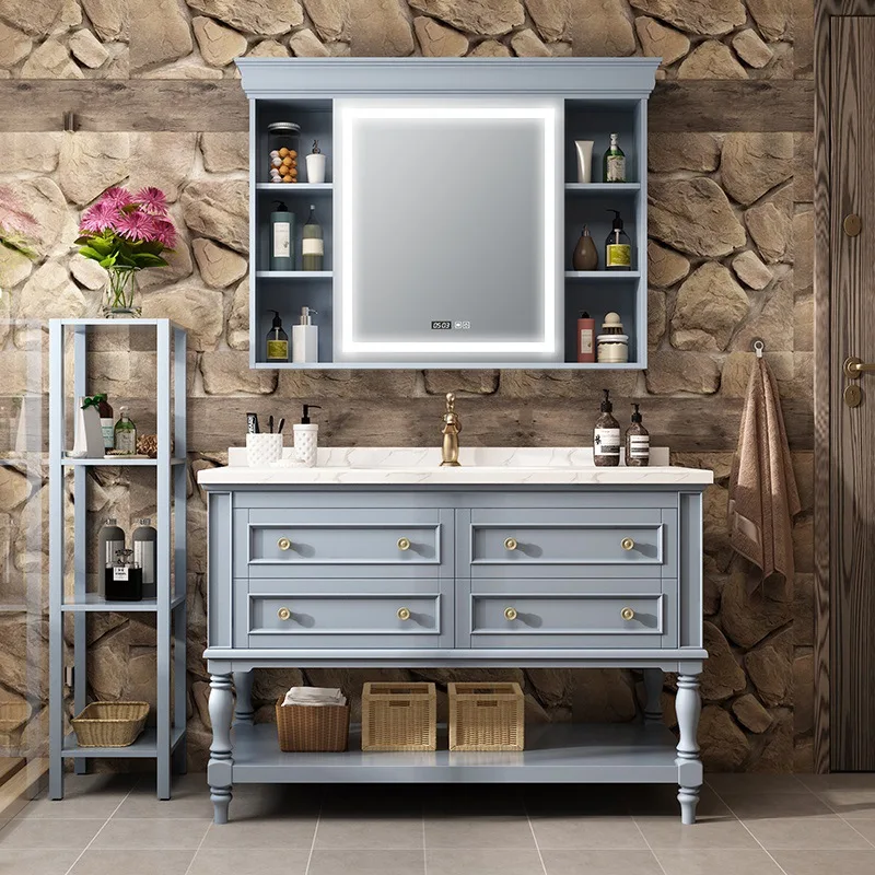 

Легкий роскошный скандинавский шкаф для ванной комнаты из цельного дерева в американском стиле, комбинированная каменная плита, умывальник для лица, мраморная столешница для ванной комнаты