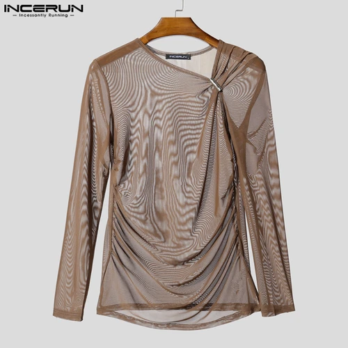 Imagen 1 del producto INCERUN, camiseta para hombre de malla transparente con cuello en V, camisetas sexis de manga larga para hombre, ropa de calle plisada, ropa informal de moda para hombre 2025