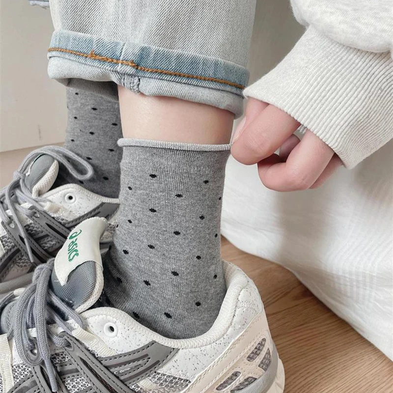 5/10 Paar Damen-Socken mit gerolltem Rand, gepunktet, mittlere Röhre, Frühling und Sommer, schweißabsorbierend, atmungsaktiv, süß, einfacher Stil, lässige Socken – Detail 14
