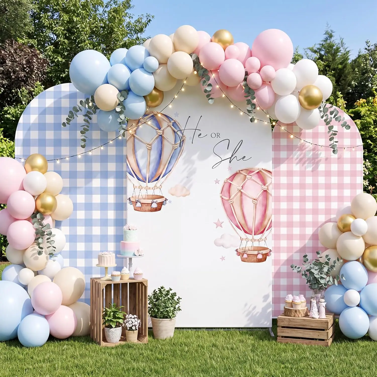 Custom 2-sided Gender Reveal Arch Backdrop Cover Hot Air Balloon Baby Shower Decor Pink Blue Gingham He or She Party Background