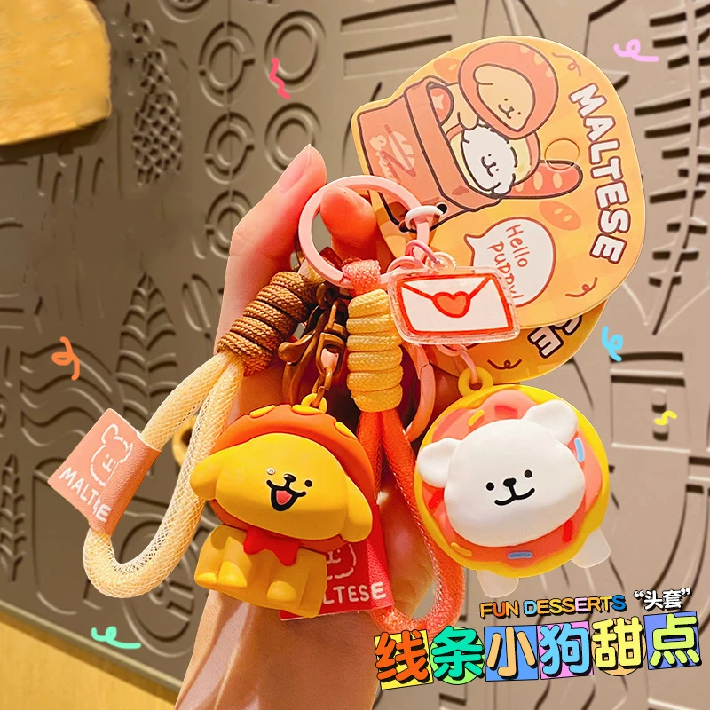 Cartoon Donut Head Cover Maltese Puppy Dessert Animal Key Chain Cute Toast Bread Pumpkin Pie Line Dog Pug Doll Keychain Bag Gift