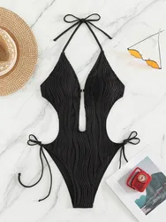 Traje de baño sexy ondulado con cuello halter, bikinis de una pieza 2024, traje de baño con Tanga y lazo para mujer, traje de baño femenino, bikini