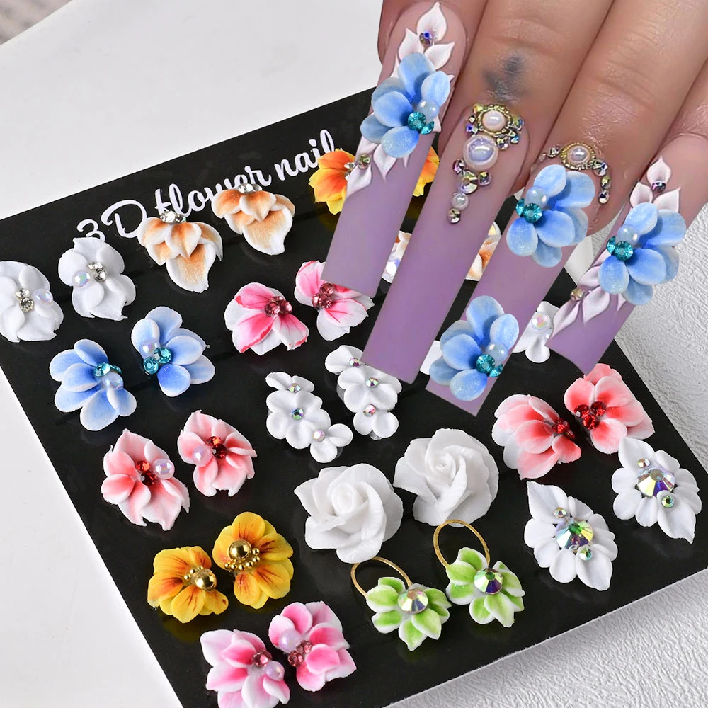 30/10 stuks 3D handgemaakte acryl bloem nagelbedels met strass- en kristal gesneden stickers DIY manicure handgemaakte nageldecors *