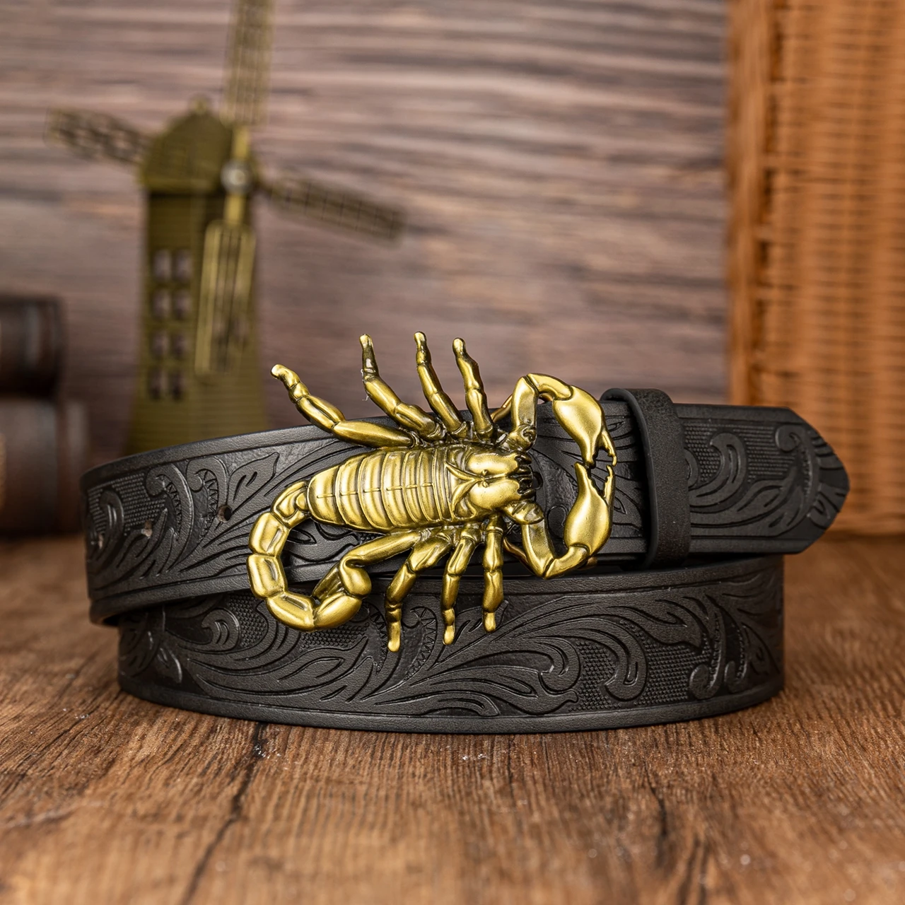 Golden Scorpion Large Buckle, Personalized and Trendy Phoenix Tail Pattern, Retro Embossed Western Denim Belt view 6