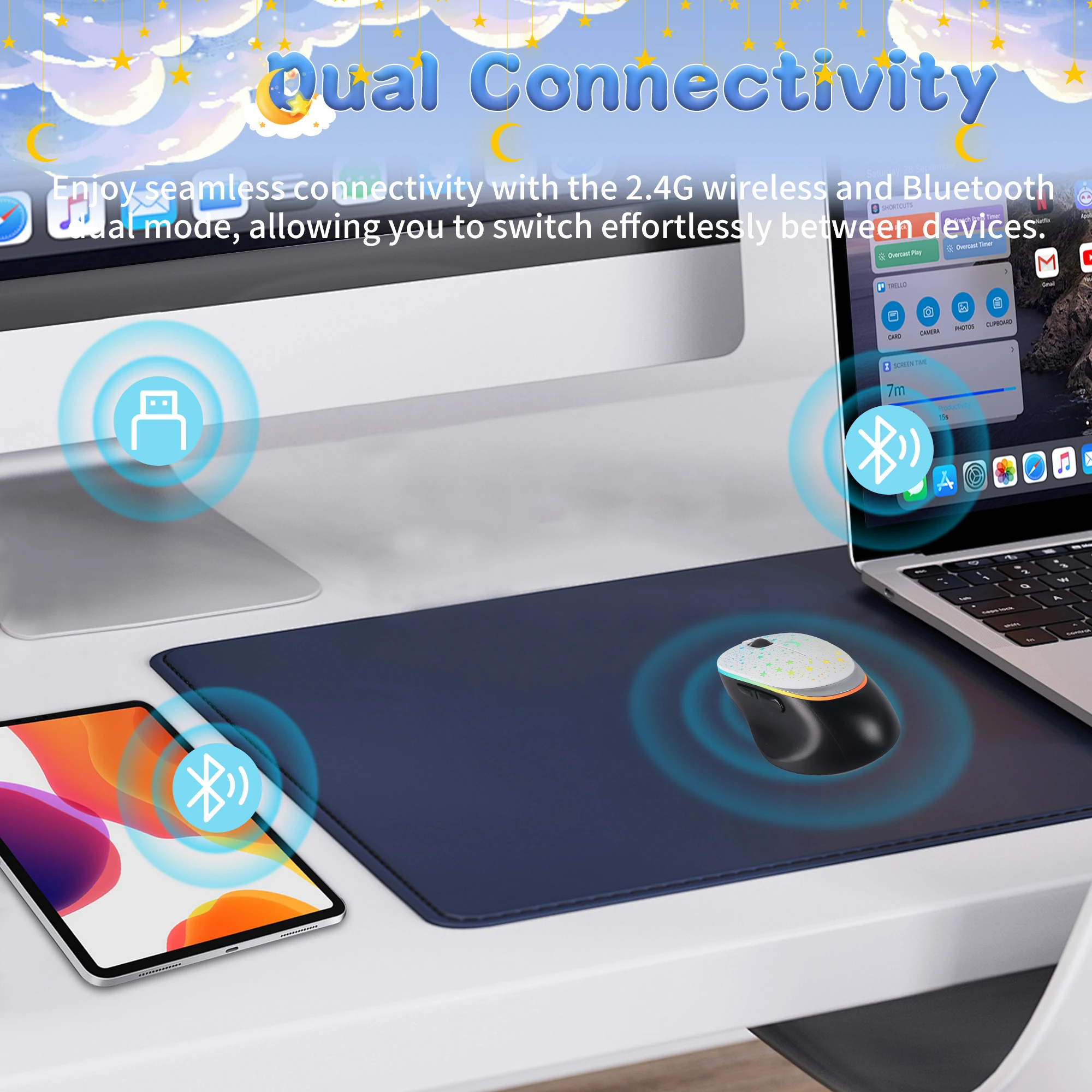 Wireless Mouse Starry Sky Pattern Dual-Mode 2.4G+Bluetooth Rechargeable Ergonomic Dynamic Lighting Plug&Play Mice For PC Laptop