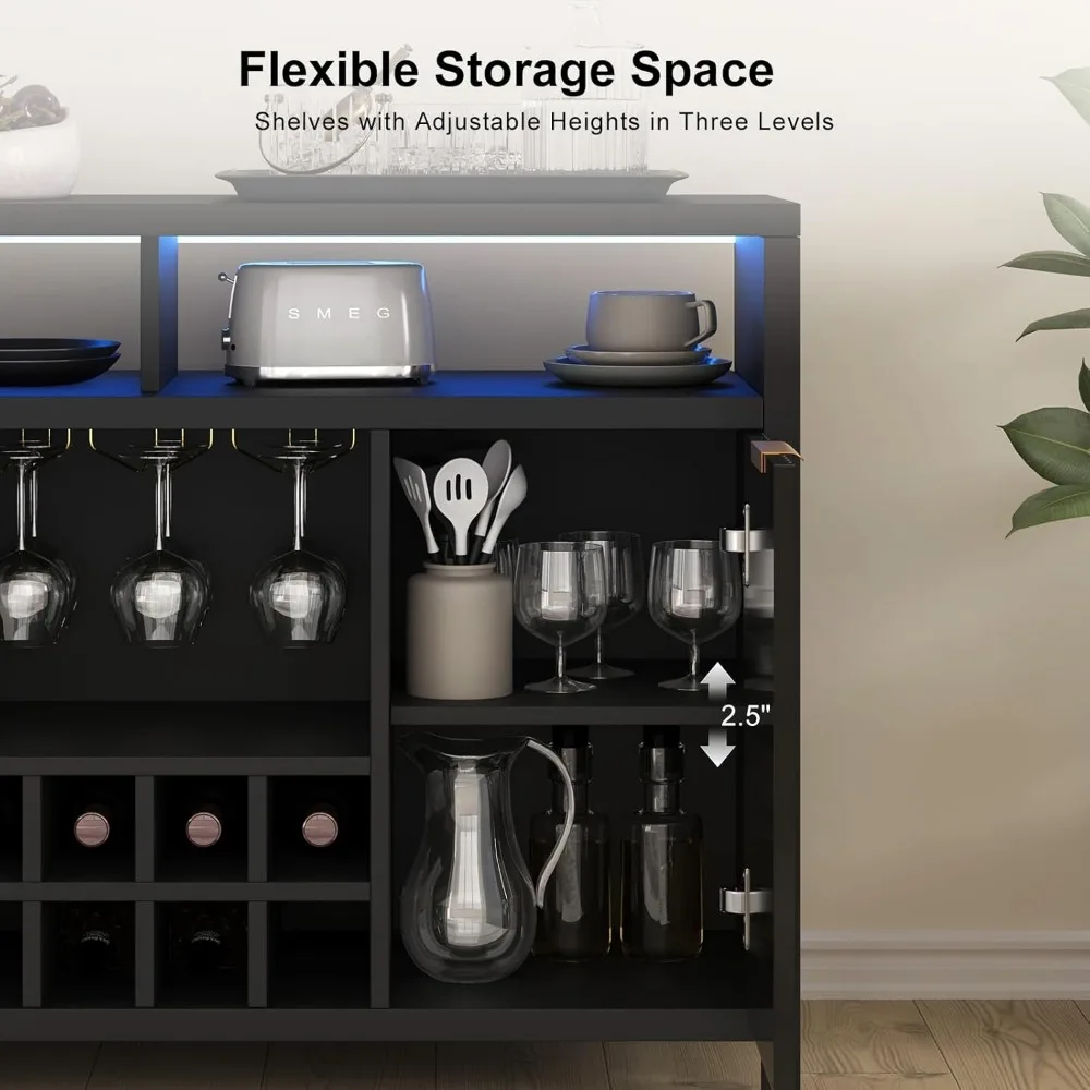 LED-Illuminated Home Bar Cabinet with Charging Station, Wine Rack, Storage, and Coffee Bar Functionality