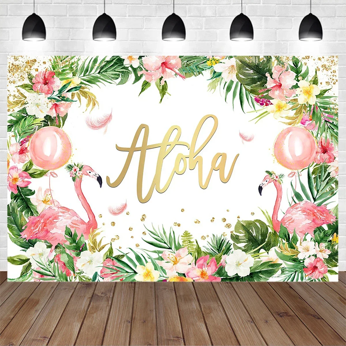 Mocsicka Summer Hawaii Aloha Background Tropical Jungle Flower Flamingo Pink Balloons Photo Baby Girl Birthday Portrait Studio