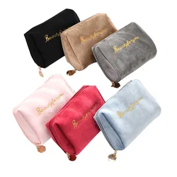 Velvet Women Cosmetic Bag Travel Zipper Large Toiletry Bag for Makeup Solid Color Letter Print Female Beauty Make Up Case Pouch