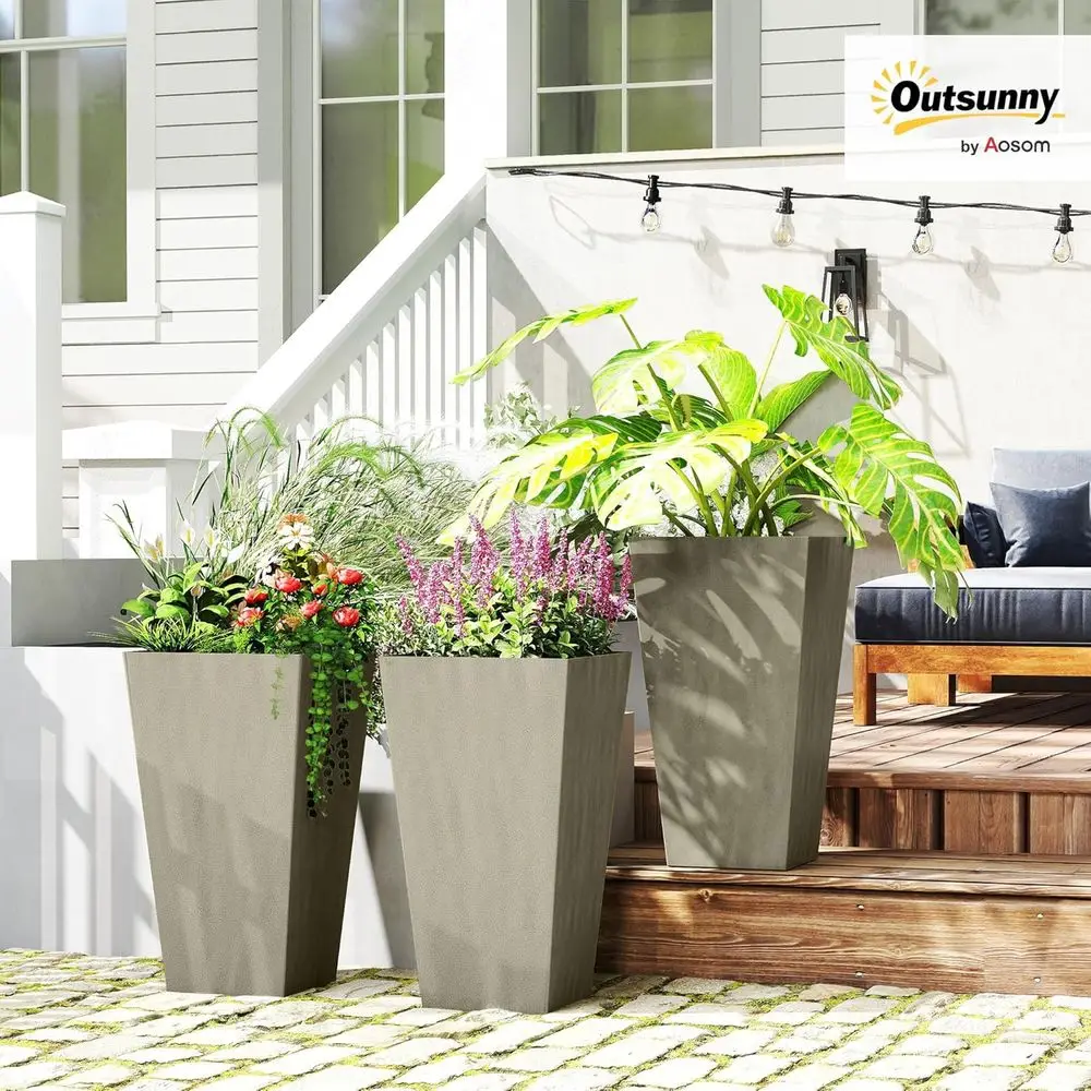 Outsunny 28 in Tall Planters or Outdoor Plants with Drainage Holes, Grey | Set o 3, Taper Planters, Indoor GrPlant Pots, ront Po