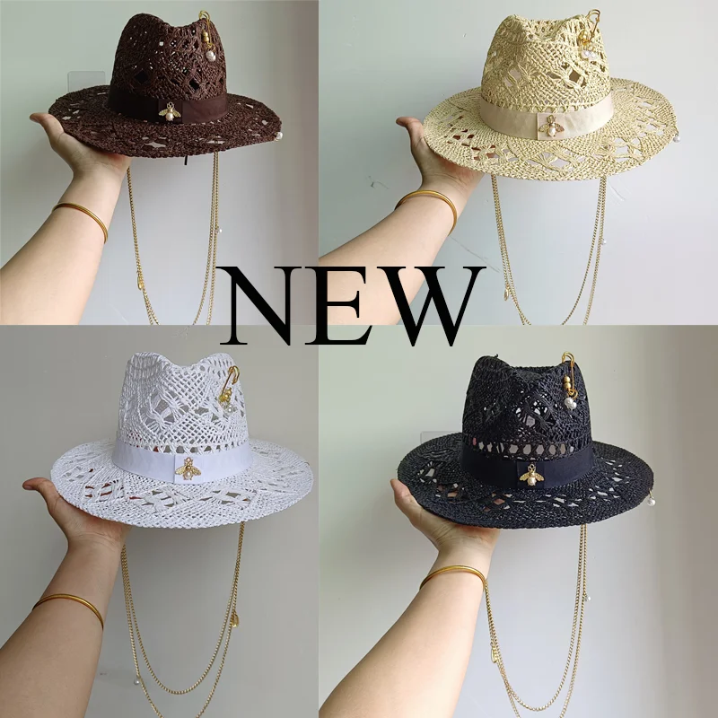 

Fashionable Metal BEE Letter Straw Hats for Women Summer Elegant Holidays Boater Hat Outdoor Beach Sun Hat