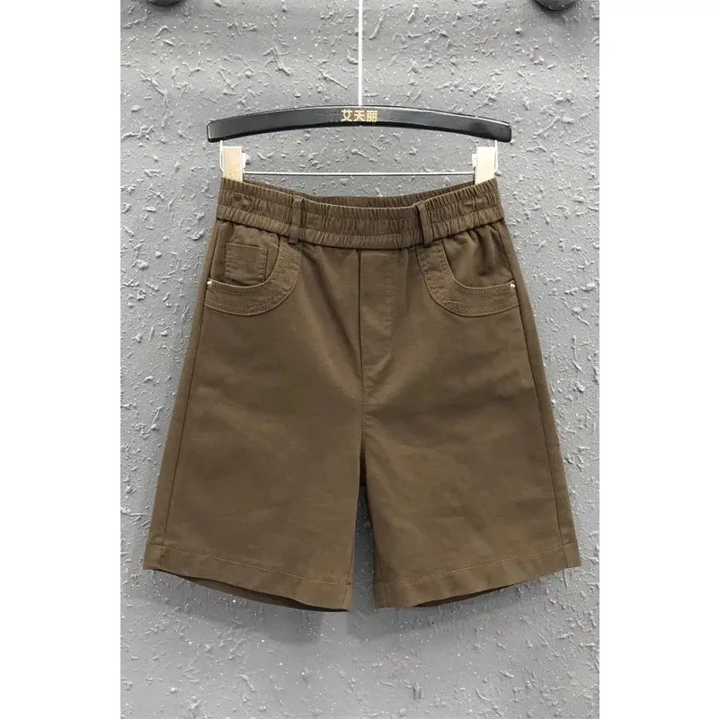 

Широкие джинсовые шорты в корейском и европейском стиле для женщин, летние, новые, коричневые, с эластичным поясом, повседневные, универсальные