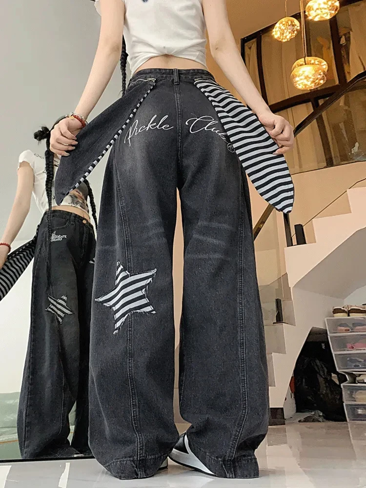 Y2K Black Denim Pants for Women High Waist Streetwear Removable Wide Leg Cowboy Pants Hip Hop Loose All Match Straight Jeans