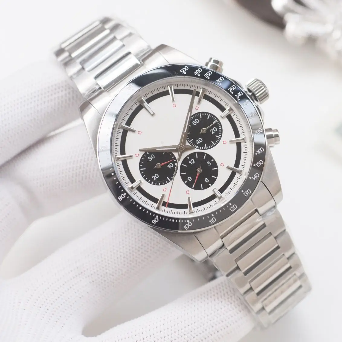 

Stainless Steel Chronograph Watch with White Dial & Tachymeter Bezel