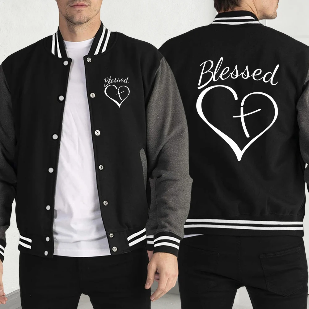 

Blessed Cross Of Love Print Baseball Jersey Men Casual Street Coat Autumn Fashion Y2K Menswear Fleece Pocket Unisex Clothes