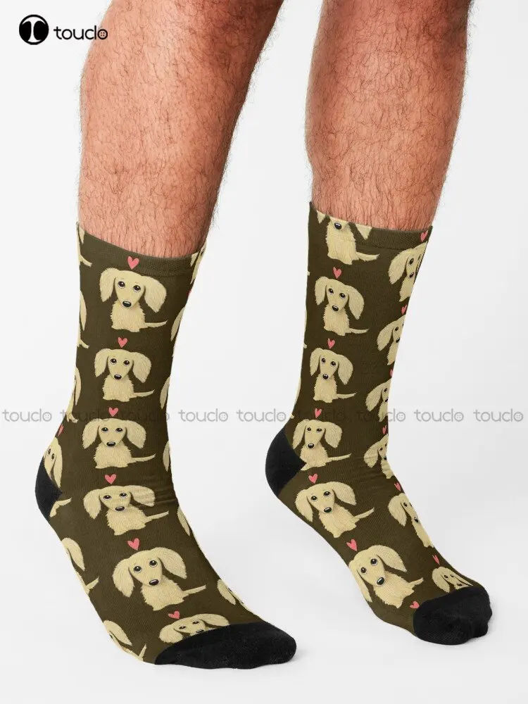 Longhaired Cream Dachshund Cartoon Dog With Heart Socks Usa Socks 360° Digital Print Custom Gift Streetwear Funny Sock Art