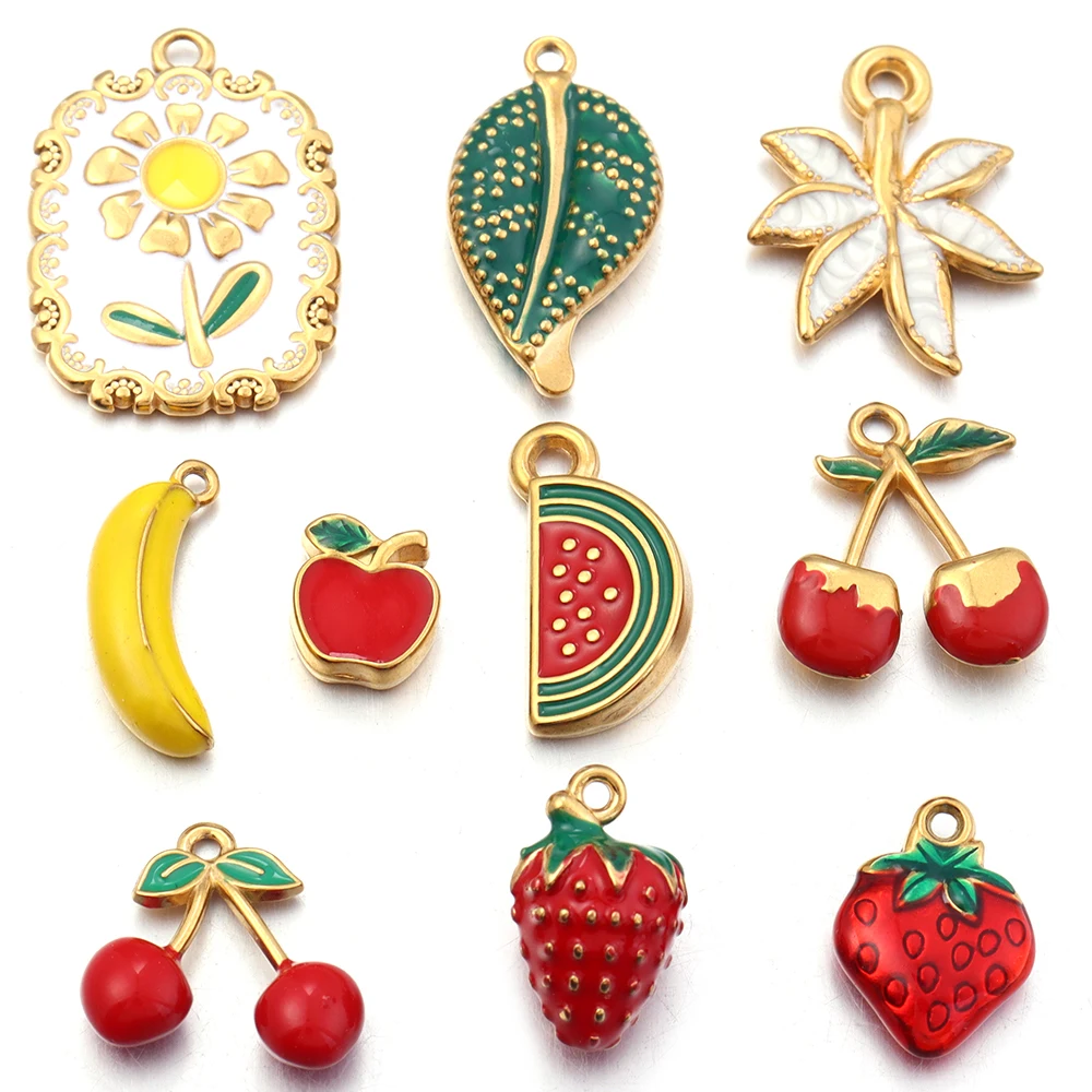 2pcs Stainless Steel Enamel Charms Cute Strawberry Cherry Fruit Flower Leaf Pendants DIY Necklace Bracelet Jewelry Making image 3