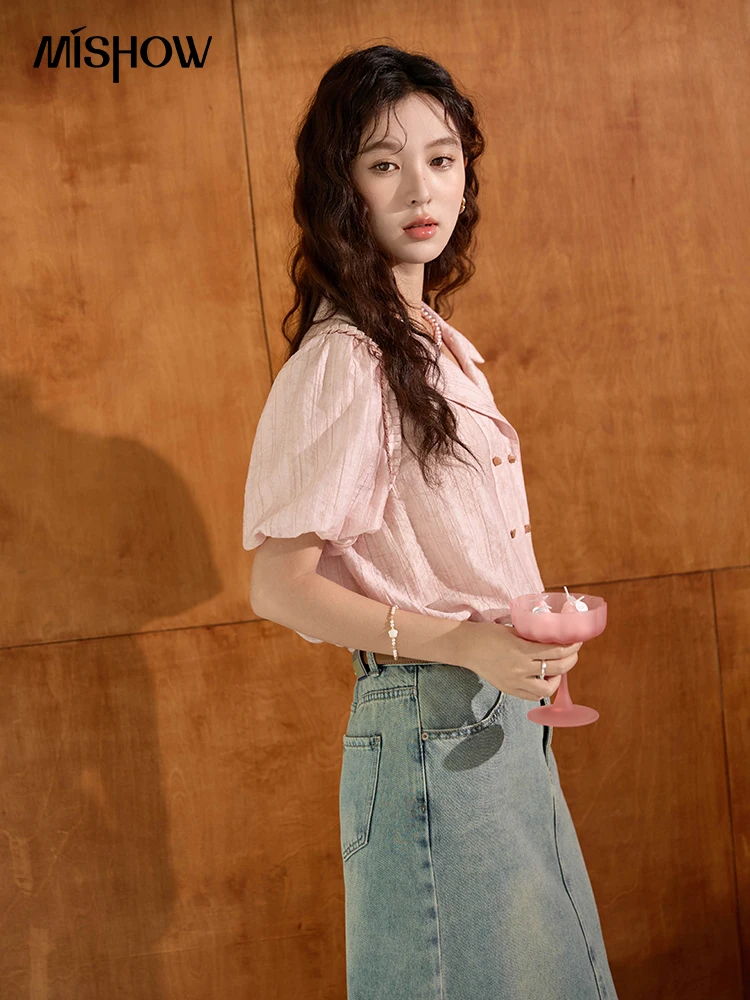 MISHOW Retro Pink Short Sleeved Shirt 2024 Summer V-neck Folded Ruffled Edge Top Elastic Cuffs Lapel Neck Blouses MXD29C0273