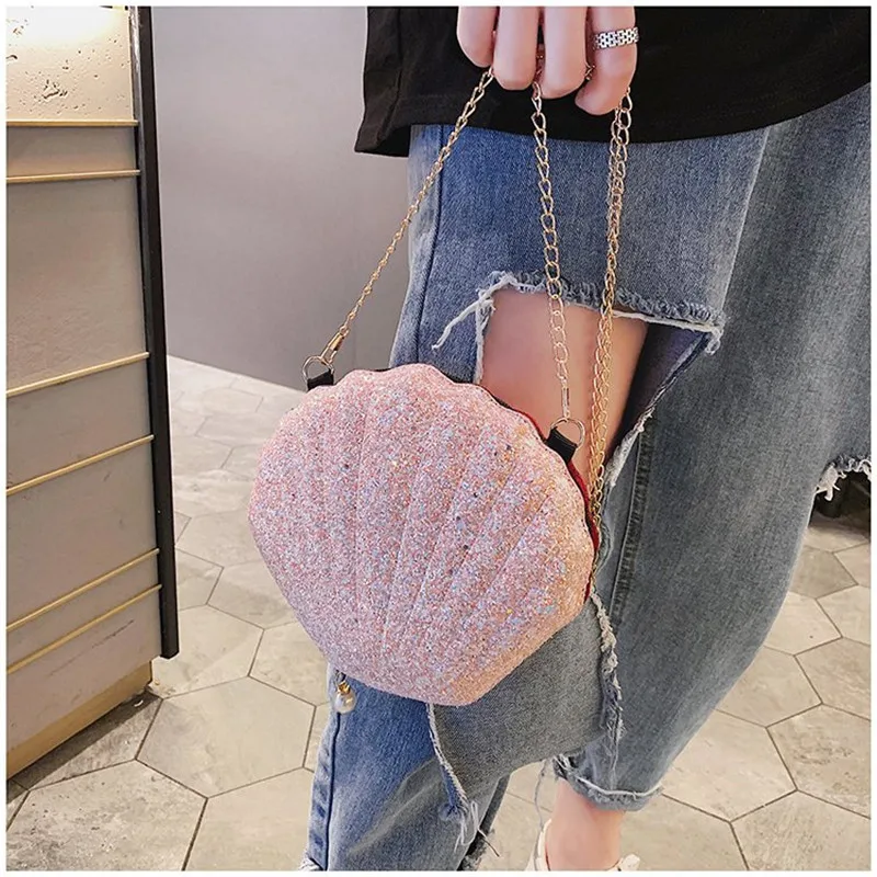 Fashion Women Shoulder Handbags Shell Bag Chain Cute Sequins Small Bag Phone Money Pouch Zipper Crossbody Bags for Women Bolsa