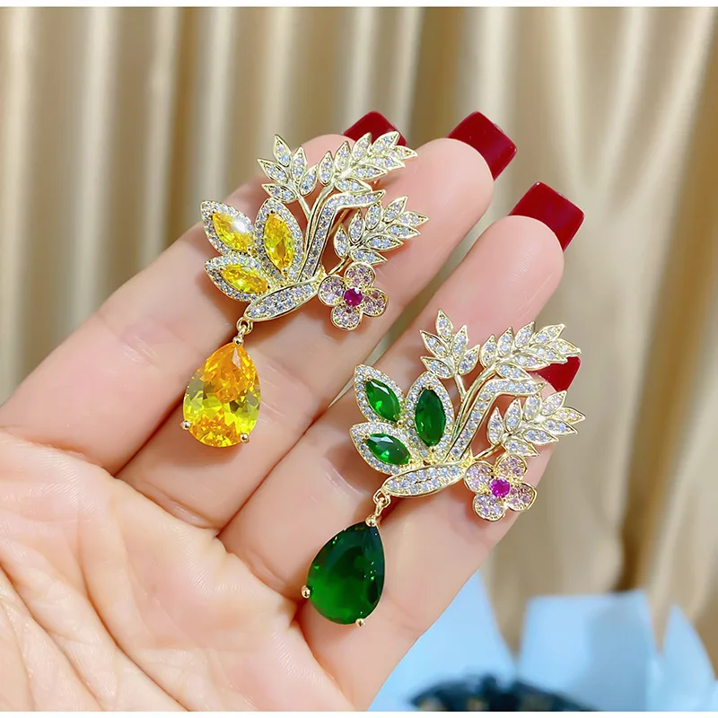 مزاجه الزركون القمح الزهور قلادة دبابيس للنساء رائعة كريستال قطرة الماء بروش سيدة الملابس دبابيس مجوهرات هدية #4