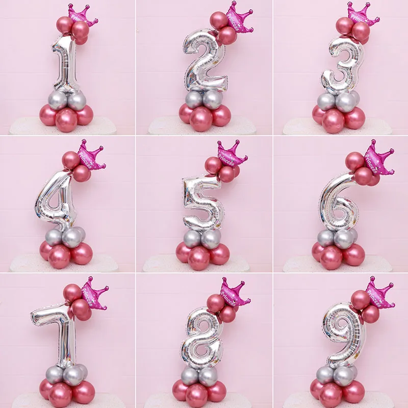 Chrome Rosa Prata 32 polegadas Número Folha Coluna Balões Feliz Aniversário Decorações Do Partido Crianças Menina Menino 1 2 3 4 5 6 7 8 9 Year Old