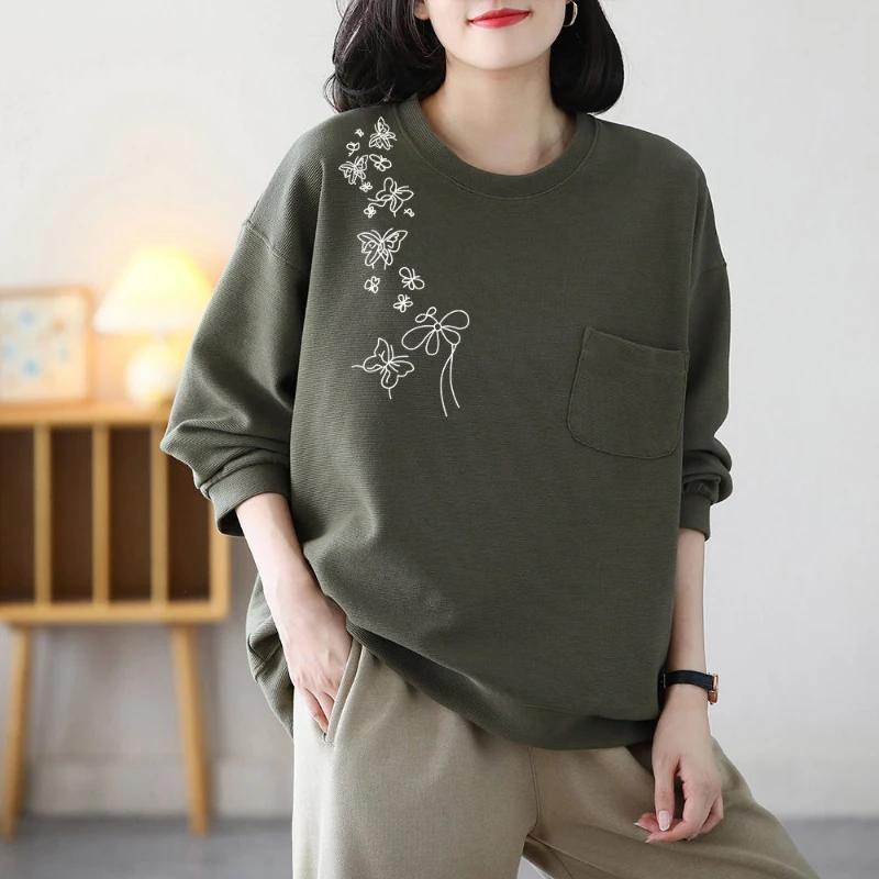 Spring Autumn New Round Neck Long Sleeve Fashion Sweatshirts Women High Street Printing Pure Cotton Pullovers Elegant Casual Top