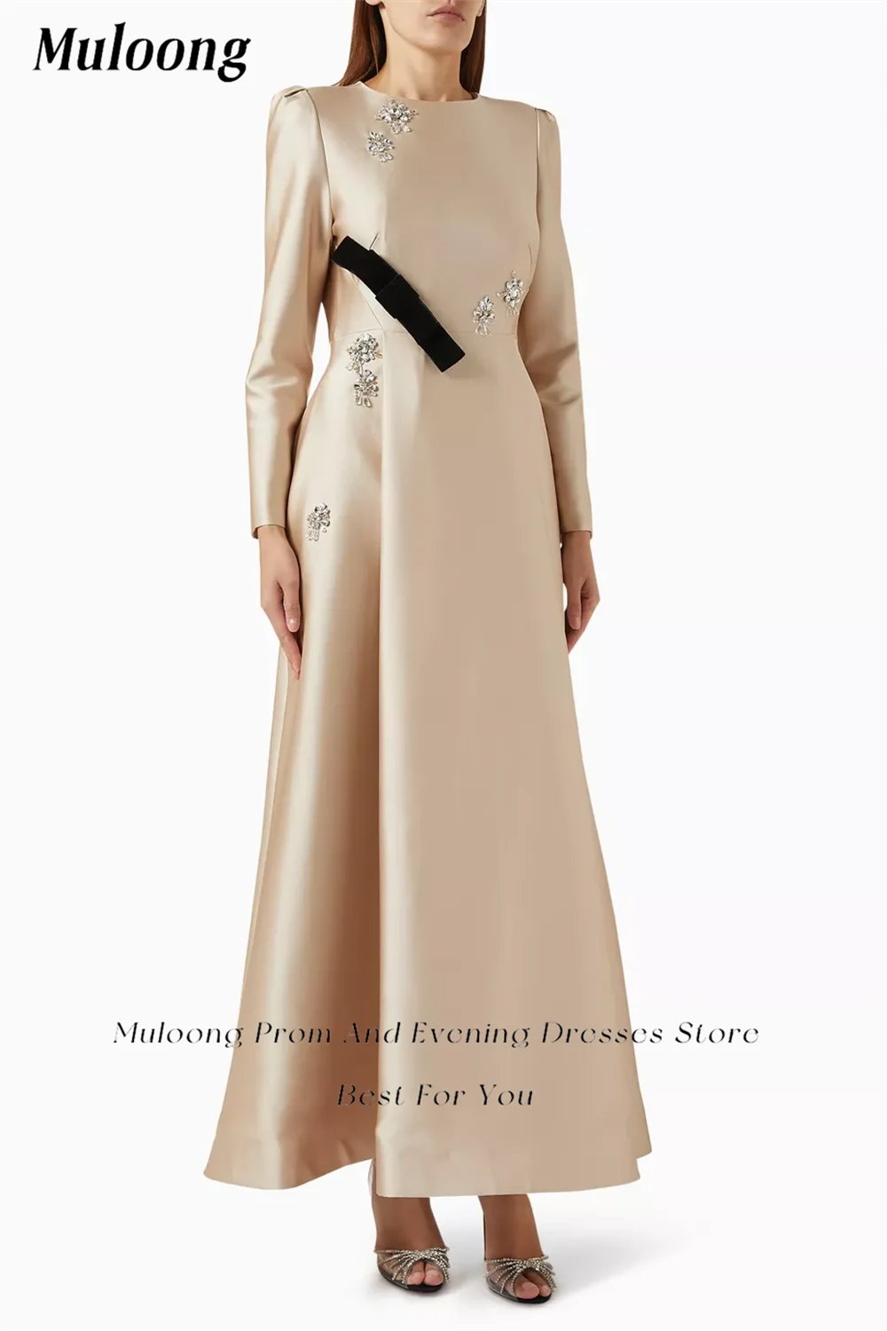 Muloong Khaki O Neck A Line Maxi Dress Crystal Ankle Length Classic Luxury Evening Dress Long Sleeves Prom Gown