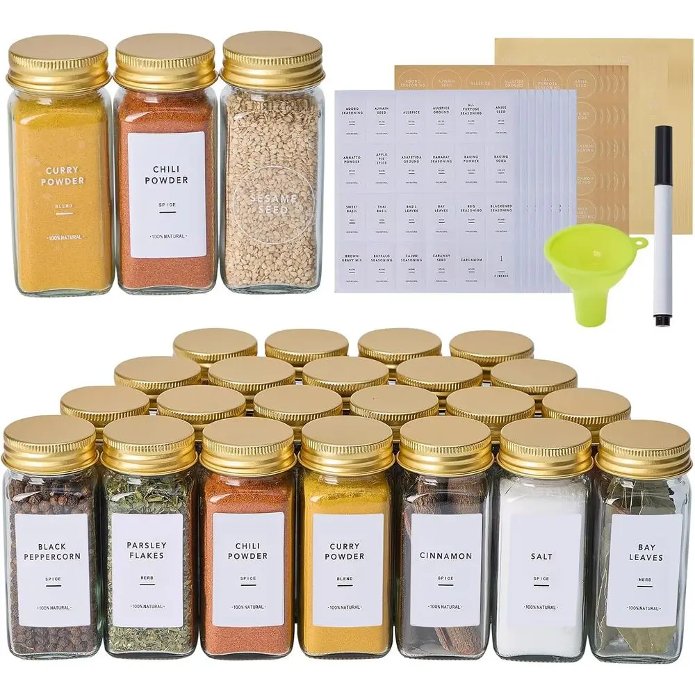 

48 стеклянных баночек для специй с 576 этикетками, квадратные контейнеры объемом 4 унции, бутылочки для приправ с золотыми металлическими крышками-шейкерами, в комплекте воронка и ручка.