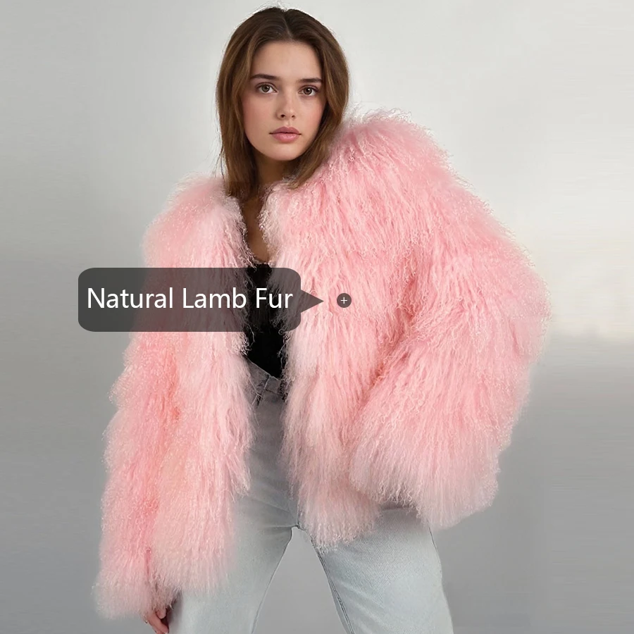 เสื้อโค้ทหนังแกะธรรมชาติคอปกกลม เสื้อโค้ทขนแกะหยิก เสื้อแจ็คเก็ตหนังแท้ผู้หญิง แฟชั่นเสื้อแจ็คเก็ตขนแท้แบบสั้น