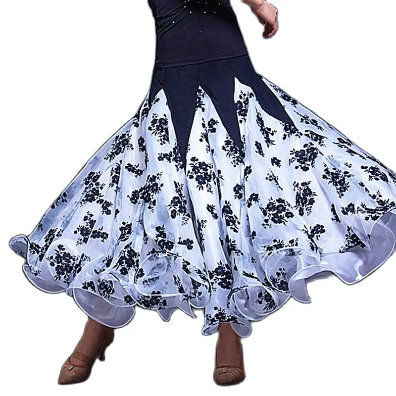 Floral Flocking Ballroom Dance Skirts Women Waltz Skirt Spanish Dance Costumes Flamenco Party Skirt Dance Wear Practice Wear