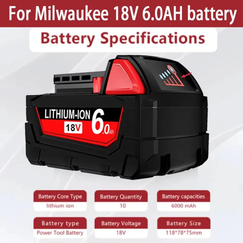 Milwaukee M18 M18B6 Batteria agli ioni di litio 18V 6Ah 48-11-1860 Batteria ricaricabile con caricabatterie per utensili elettrici