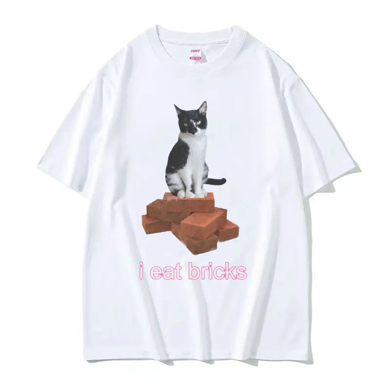 I Eat Bricks Cute Cat Funny Meme Graphic T-Shirt Summer for Men Women Fashion Clothing T-shirt O-Neck Short Sleeve T Shirts Tops