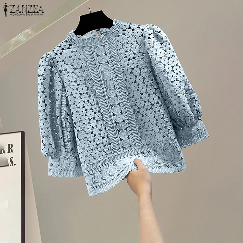 ZANZEA Women Elegant Lace Blouse 3/4 Puff Sleeve Solid Color Tunic Tops 2026 Summer O-Neck See-through Casual Office Lady Shirts