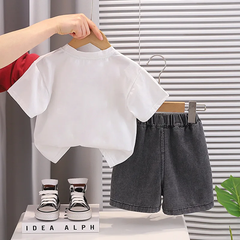 2026 Toddler Boys Infant Summer Clothes Set 0-5 Years Baby Boy Casual Short Sleeve T-shirts and Denim Shorts 2 Piece Kids Outfit