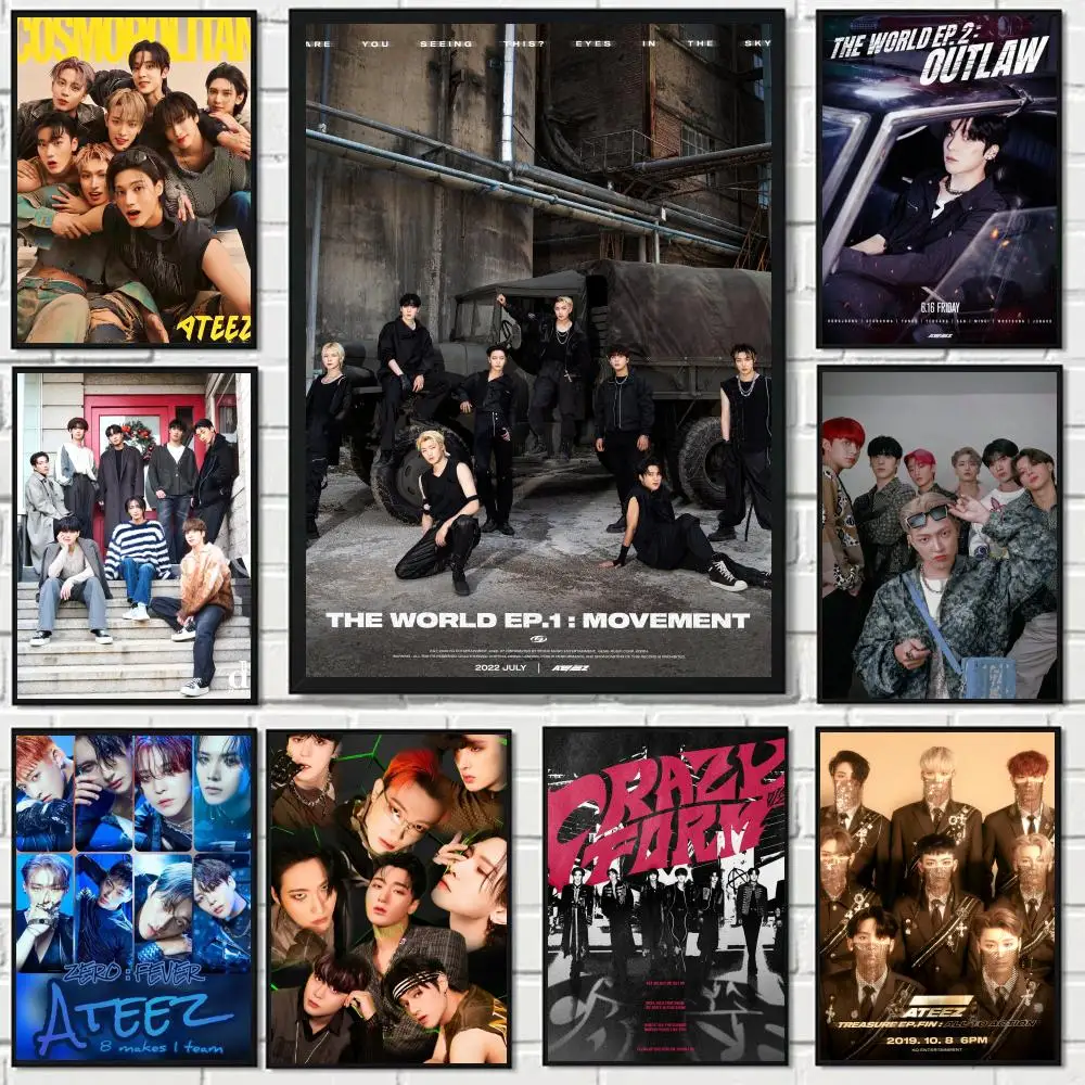 KPOP A-ATEEZ Poster HD-Kunstposter, selbstklebend, wasserfest, für Zuhause, Wohnzimmer, Schlafzimmer, Bar, ästhetische Dekoration